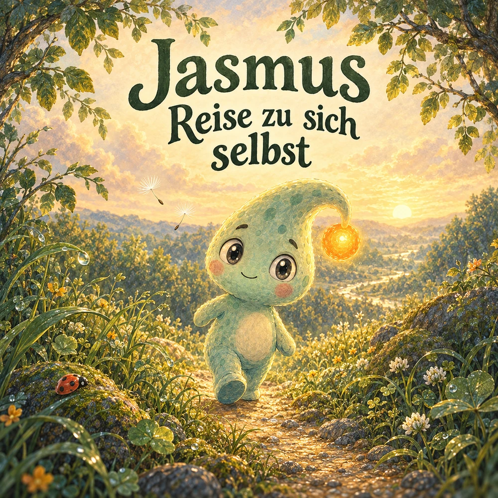 Cover von Jasmus Reise zu sich selbst: Jasmu auf einem Waldweg mit leuchtendem orangefarbenem Bommel.