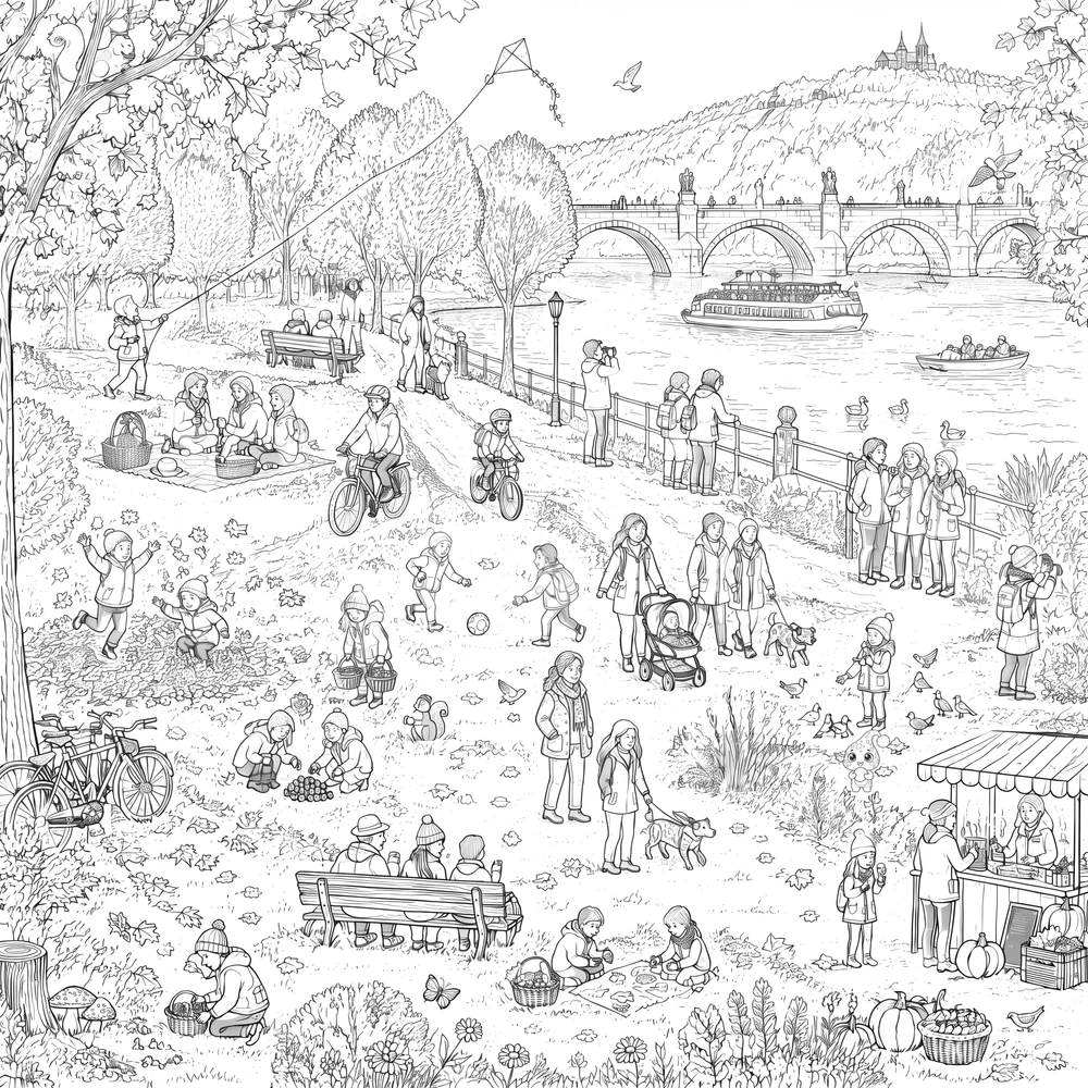 Herbstliches Wimmelbild aus Würzburg zum Ausmalen: Familien am Main, Drachen, Tiere und die Alte Mainbrücke.